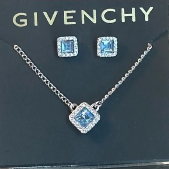 Givenchy Blue and Silver Square Earrings and necklace set - Picture 2 of 5